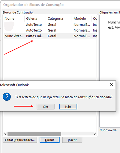 como criar, salvar e excluir partes rápidas no Microsoft Outlook